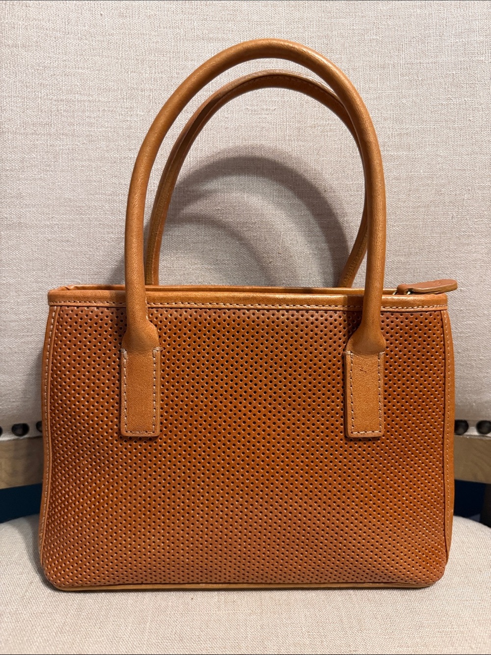 Vintage Monsac Perforated Small Baguette Leather Handbag - Cognac Brown